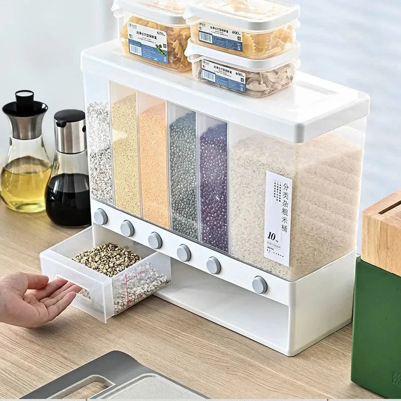 6-Grid Wall Mounted Food Dispenser, Whole Grains Rice Bucket, Large Capacity Storage Dry Food Dispenser
