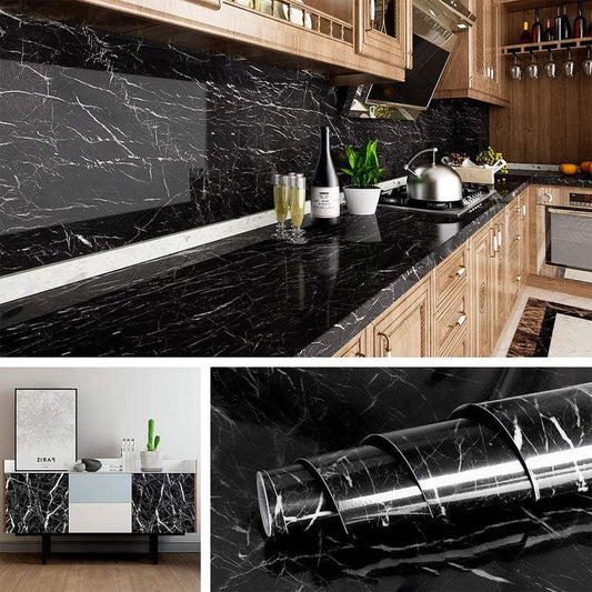 (Pack of 5) Self Adhesive Black Marble Sheet for Kitchen - Waterproof Anti Oil & Heat Resistant Wallpaper Sheet (2 Feet x 6.5 feet)
